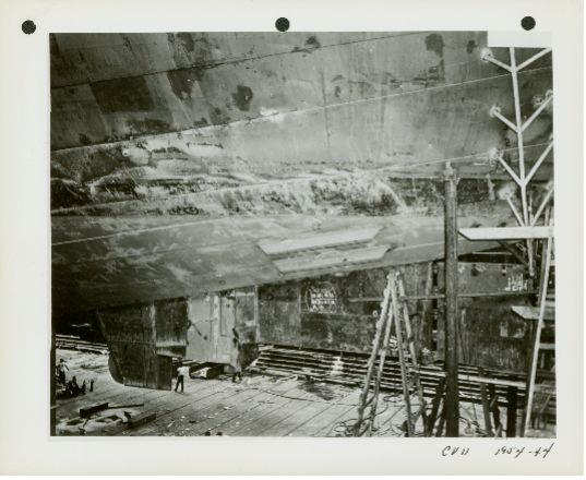 Repairs made to Intrepid’s rudder in Pearl Harbor shipyard, February 1944.