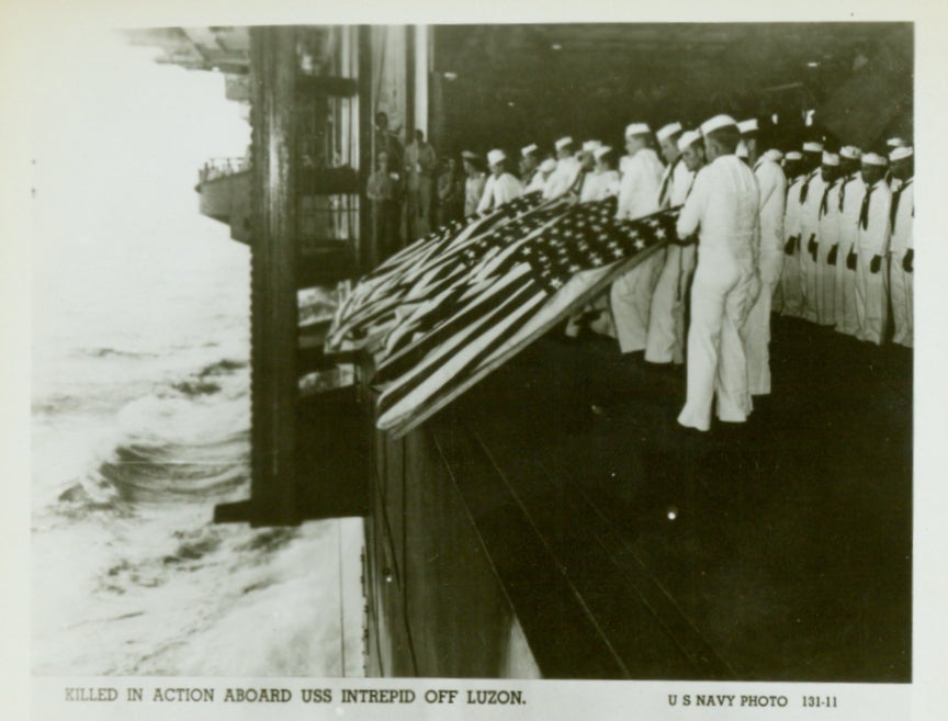 A memorial image honoring those killed in action aboard USS Intrepid off the coast of Luzon.