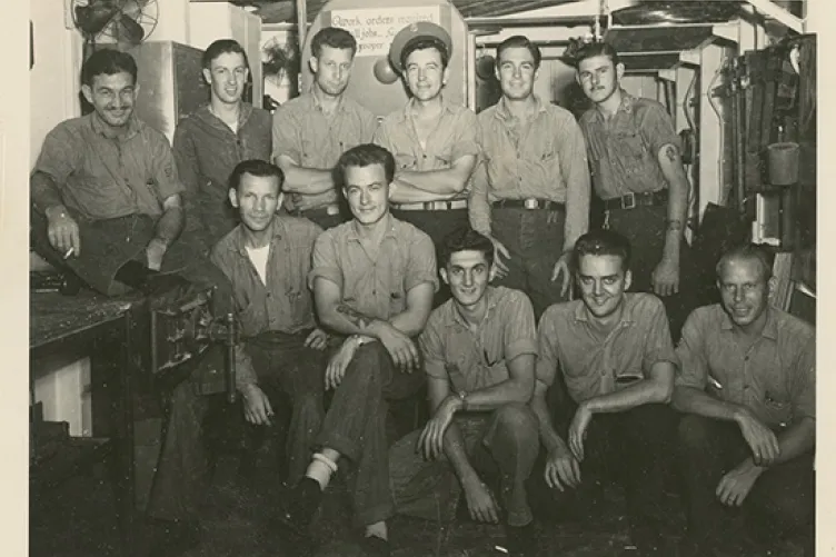 A group of Intrepid crew members. (Collection of the Intrepid Sea, Air & Space Museum. Gift of Vernon E. Hazard 1943–1946. P2019.53.28)