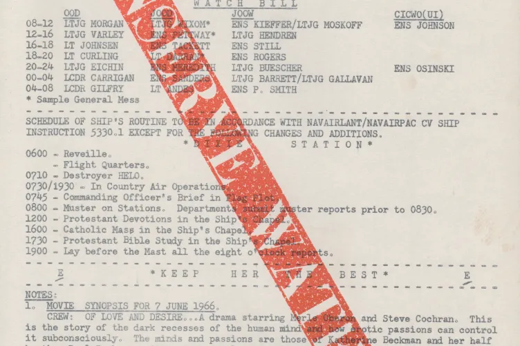 A call for Spanish-language interpreters in the Plan of the Day for June 7, 1966. Collection of the Intrepid Museum. Gift of Jimm Larry Hendren. A2015.72