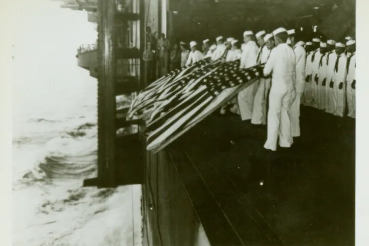 A memorial image honoring those killed in action aboard USS Intrepid off the coast of Luzon.