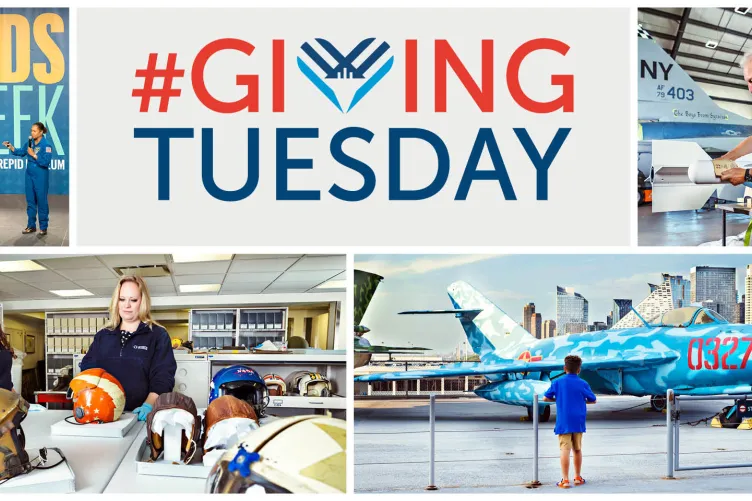 Giving Tuesday collage featuring photos of Intrepid museum