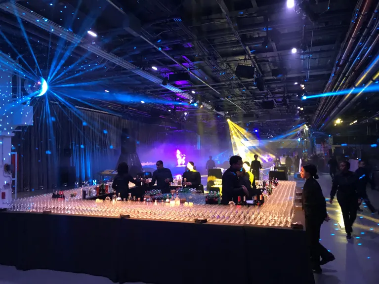 Disco ball lighting and bar for a reception