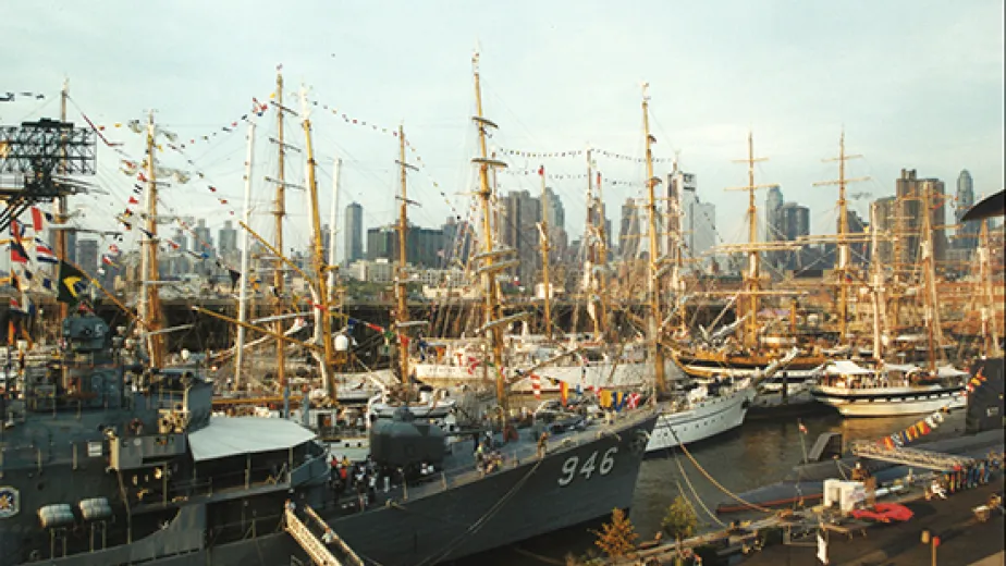 A number of different sailboats on the water during OpSail 2000