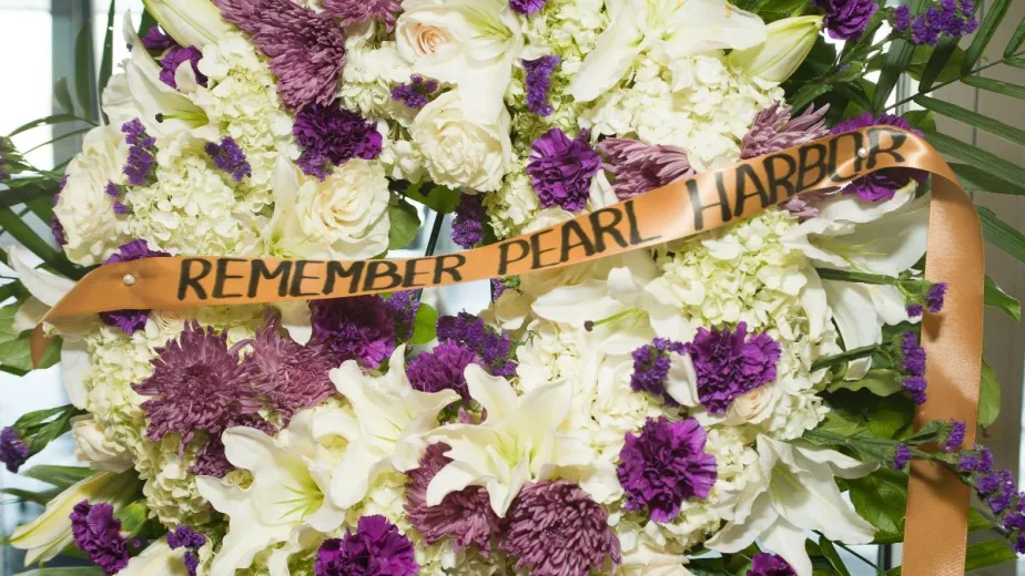 Purple and white wreath for Pearl Harbor Remembrance Day.