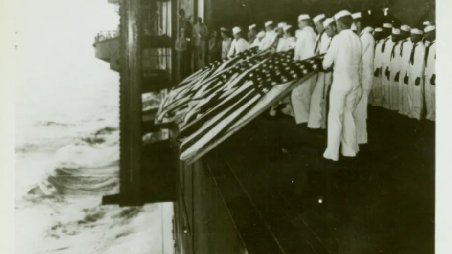 A memorial image honoring those killed in action aboard USS Intrepid off the coast of Luzon.